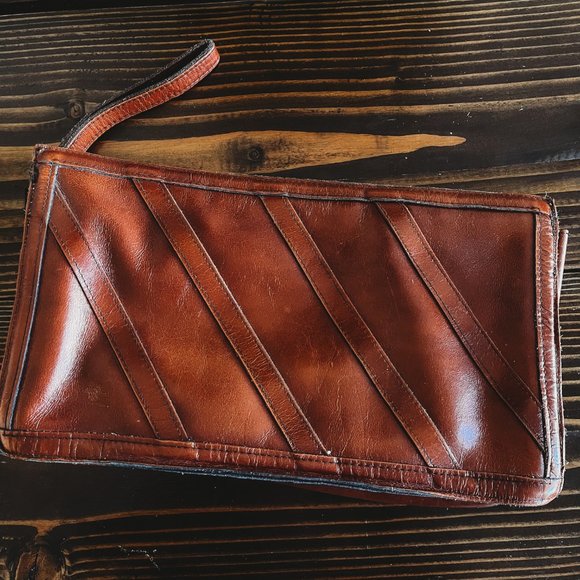 SOLD 🎅🏼 Vintage Brown Leather Clutch Purse Handbag - Picture 2 of 7